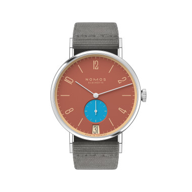 Damen- und Herrenuhr, Handaufzug, NOMOS Glashütte Tangente 38 Datum Ziegelblau 