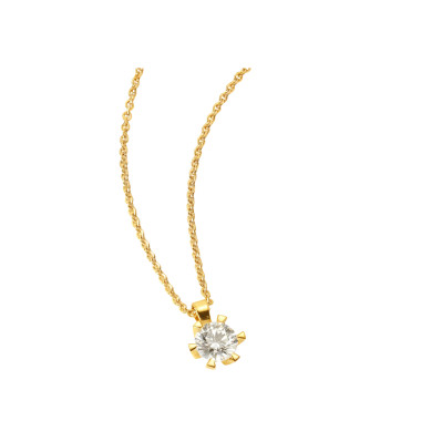 Halsschmuck, Gelbgold, Atelier Mühlbacher ONE Solitaire Anhänger 6er-Krappe mit Halskette in Gelbgold