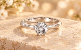 Atelier M&uuml;hlbacher ONE Verlobungsring aus Wei&szlig;gold mit rundem Brillanten in Sechskrappenfassung, auf hellem Naturstein arrangiert.