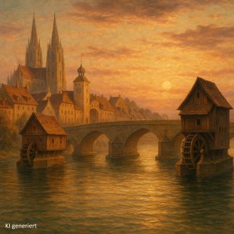 Malerisches Donauufer mit Br&uuml;cke und Wasserm&uuml;hlen im warmen Abendlicht, Inspirationsquelle der Danuvina Mill River Collection.
