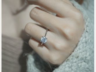 Klassischer Solitär-Verlobungsring mit rundem Diamanten in feiner Krappenfassung am Finger getragen