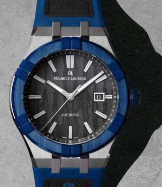 Maurice Lacroix AIKONIC Automatikuhr mit blauem Gehäuse, schwarzem Zifferblatt und Datumsanzeige – Schweizer Luxusuhren-Design.