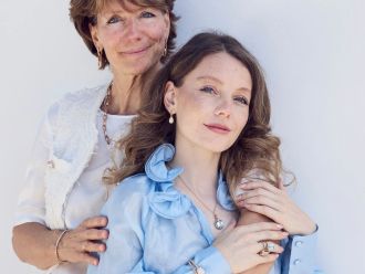 Zwei Frauen, Mutter und Tochter, tragen feinen Schmuck aus Roségold und Aquamarin von Capolavoro, vor einer weißen Wand.