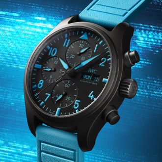 IWC Pilot’s Watch Chronograph George Russell mit schwarzem Gehäuse, blauem Kautschukarmband, Chronographenzählern sowie Tages- und Datumsanzeige vor blauem Hintergrund