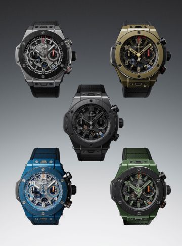 Hublot Big Bang Unico Reloaded Uhren mit Keramik- und Titangehäusen in Schwarz, Gold, Grün und Blau, Skelettzifferblatt und Chronograph