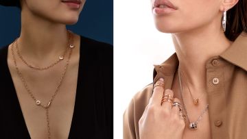 Links traegt ein weibliches Model Happy Hearts Armreifen, mittig traegt ein Model eine Happy Diamonds Halskette, rechts traegt ein weibliches Model mehrere Ice Cube Ringe, Ketten und Creolen