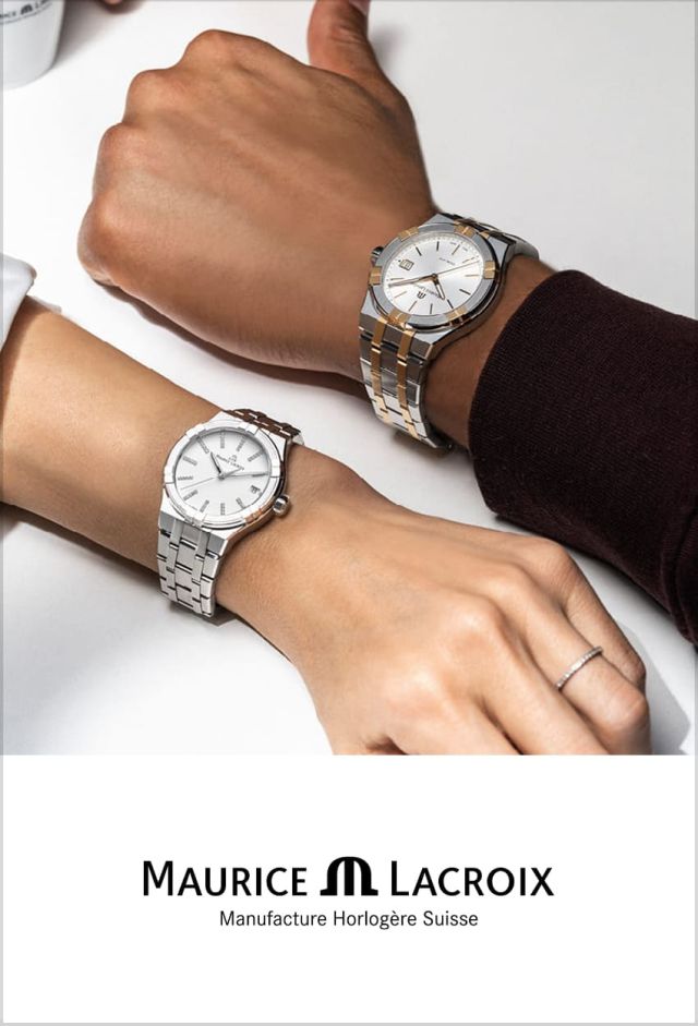 Maennlicher und weiblicher Arm nebeneinander liegend tragen je eine Aikon Uhr von Maurice Lacroix, der Mann in Bicolor und die Dame in Stahl