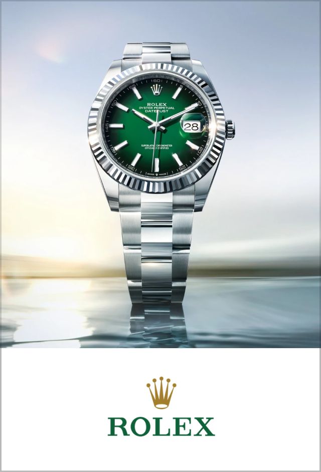 Rolex Logo unter Rolex Datejust 41 mit gr&uuml;nem Zifferblatt und Edelstahlarmband im hochwertigen Markenmotiv