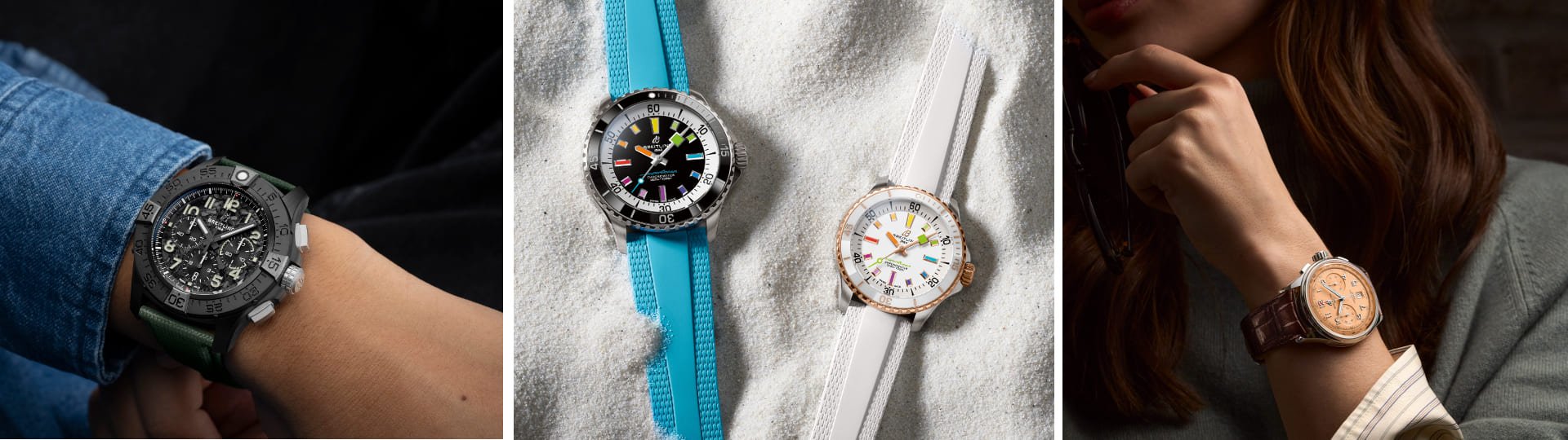 Von links nach rechts, Avenger Chronograph am Herrenhandgelenk, Superocean Uhren in Stahl mit schwarzem und weissem Zifferblatt auf Sandstrand liegend, Premier Chronograph am Damenhandgelenk