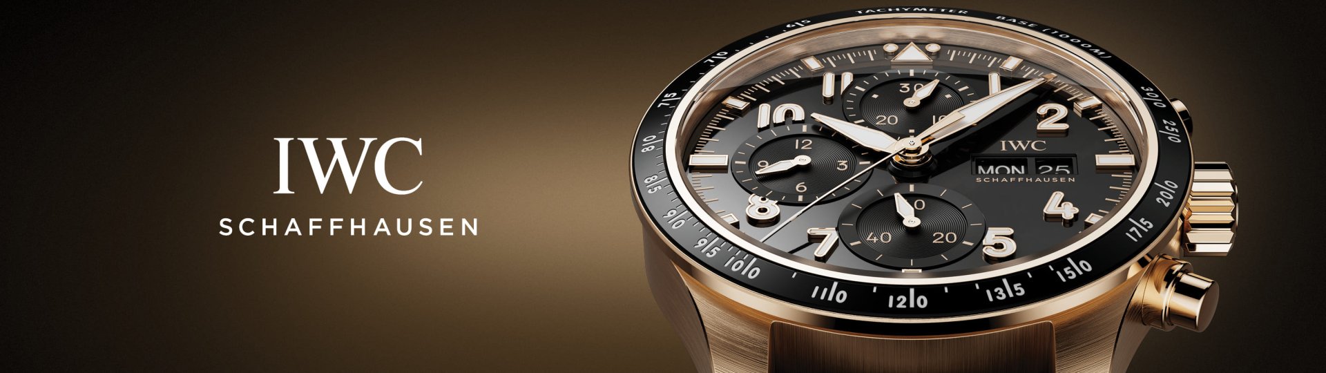 Rechts IWC Pilots Watch in Gold mit schwarzer Luenette und Zifferblatt, links IWC Logo, beides vor gold-schwarzem Hintergrund