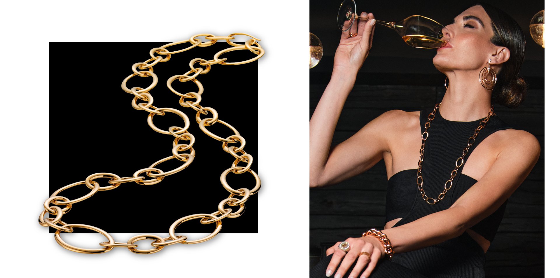 Frau trägt Schmuck aus der Bold-Kollektion des Atelier Mühlbacher: großgliedrige Goldkette, Armreif, Ringe und Creolen; daneben die Goldkette in Nahaufnahme auf schwarzem Hintergrund.