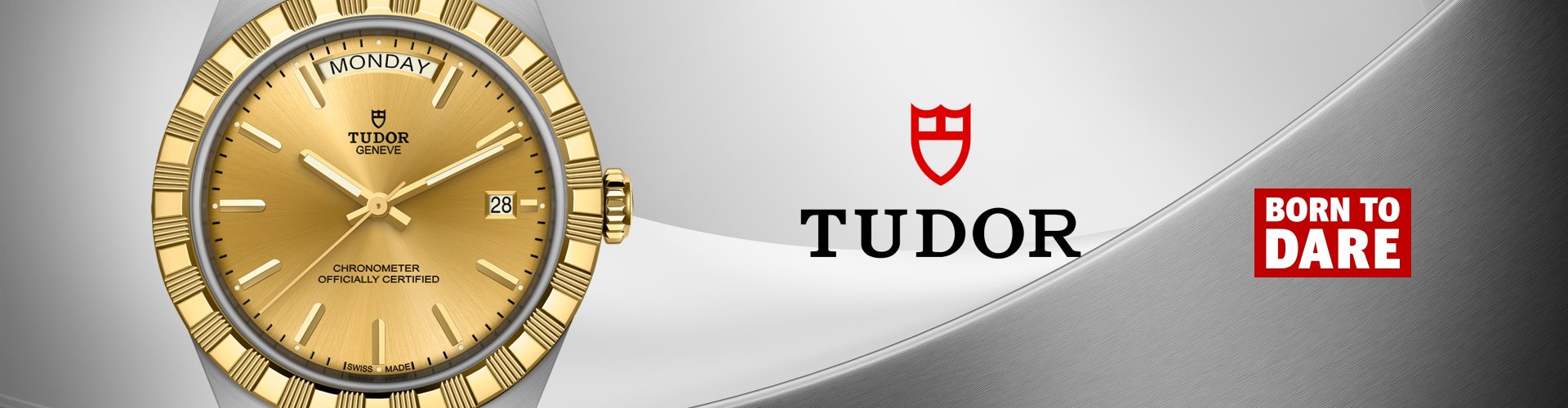 Tudor Royal Armbanduhr in Edelstahl und Gold mit champagnerfarbenem Zifferblatt, Wochentags- und Datumsanzeige sowie &bdquo;Born to Dare&ldquo; Markenbotschaft auf hellem Hintergrund