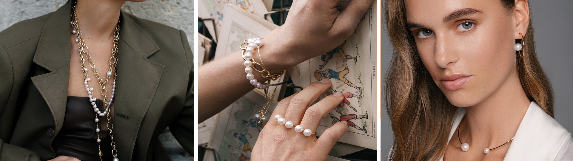 Dreiteiliges Motiv mit Models, die goldfarbenen Schmuck mit wei&szlig;en Perlen tragen, darunter Ketten, Armb&auml;nder, Ring, Ohrringe und Halsreif aus der Open Mind Kollektion von Yana Nesper.