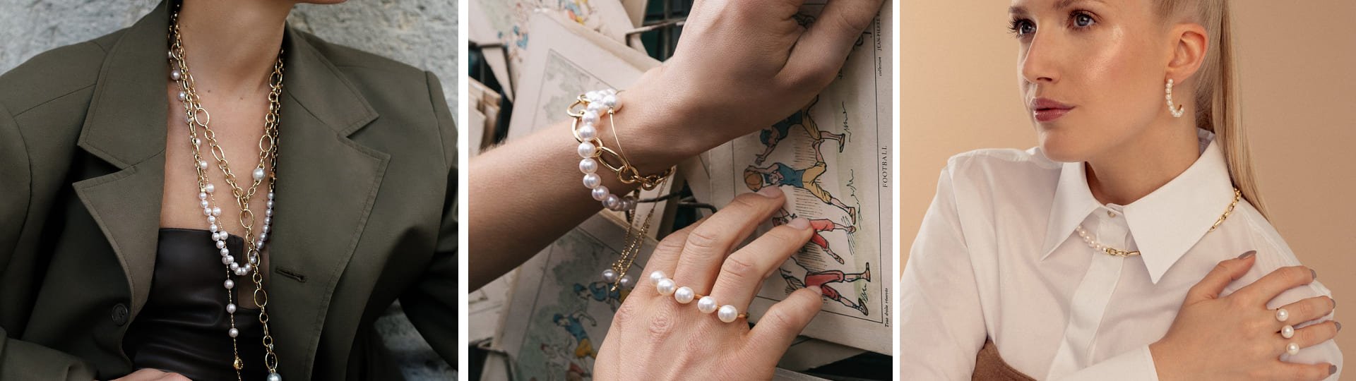 Drei Looks mit Yana Nesper Schmuck: lange goldene Perlenketten, Armbänder und Ringe mit weißen Perlen sowie Creolen mit Perlenbesatz.