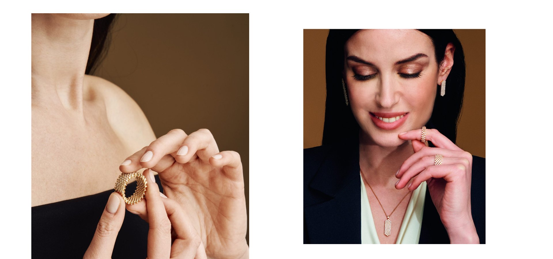 Links Hände mit Serafino Consoli Brevetto Diamantring aus Roségold, rechts Model mit Brevetto Diamantanhänger, Diamantohrringen und Diamantring