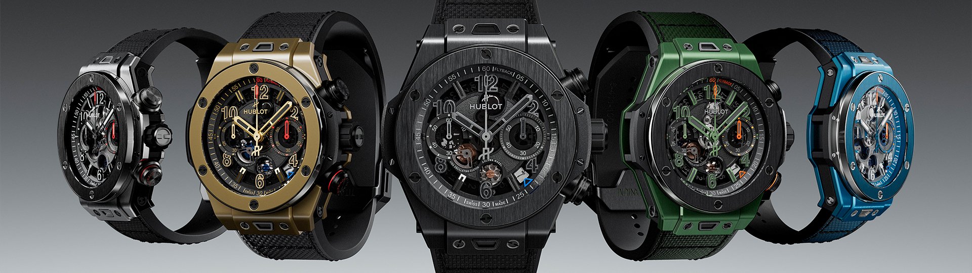 Hublot Big Bang Unico Reloaded Uhren mit Keramik- und Titangehäusen in Schwarz, Gold, Grün und Blau, Skelettzifferblatt und Chronograph
