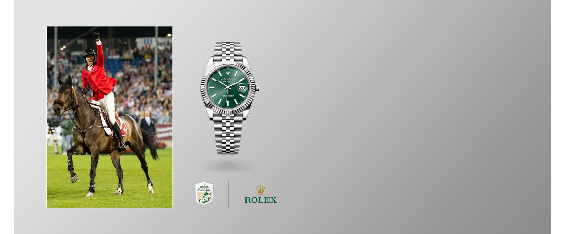 Links Springreiter auf Pferd, daneben Rolex Date in Stahl und Weissgold mit gruenem Zifferblatt auf grauem Hintergrund