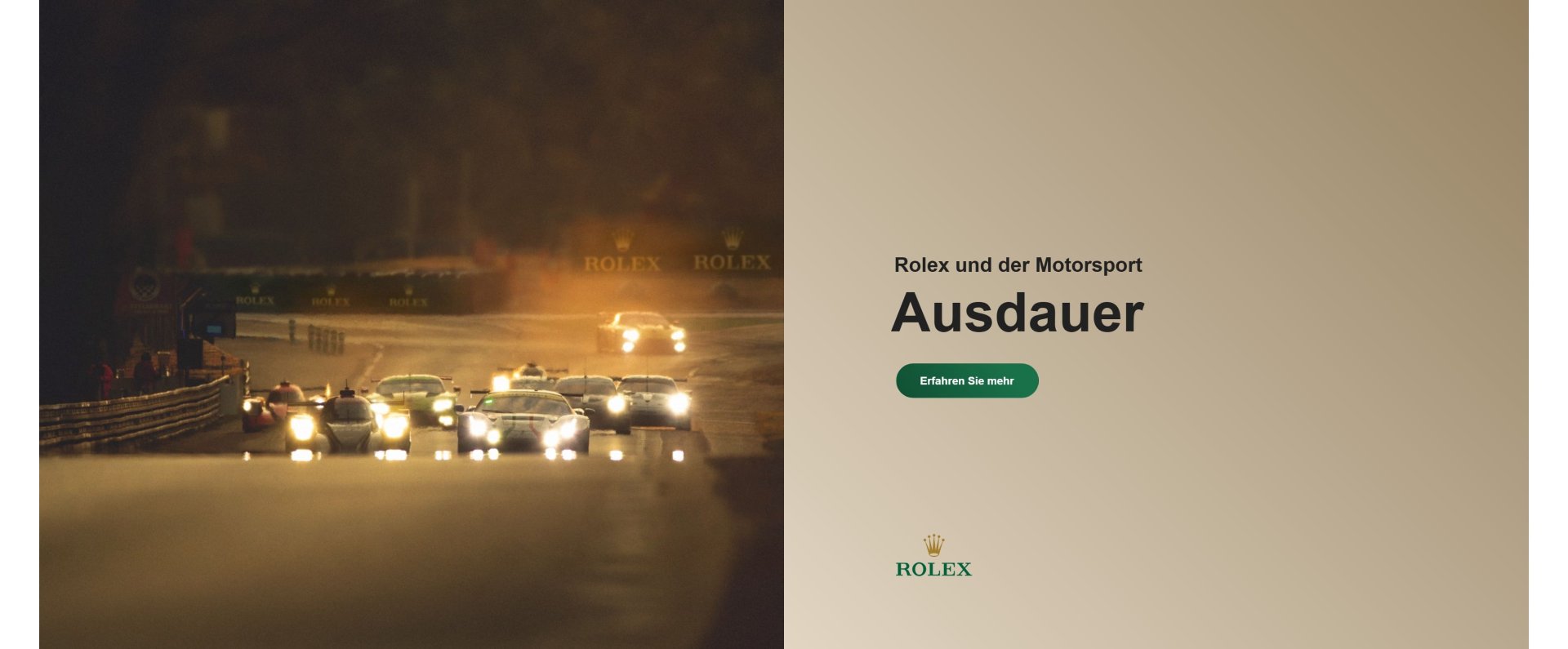 Rennwagen bei Nacht; rechts daneben Text „Rolex und der Motorsport – Ausdauer“ mit grünem Button „Erfahren Sie mehr“ und Rolex Logo auf beigem Hintergrund.