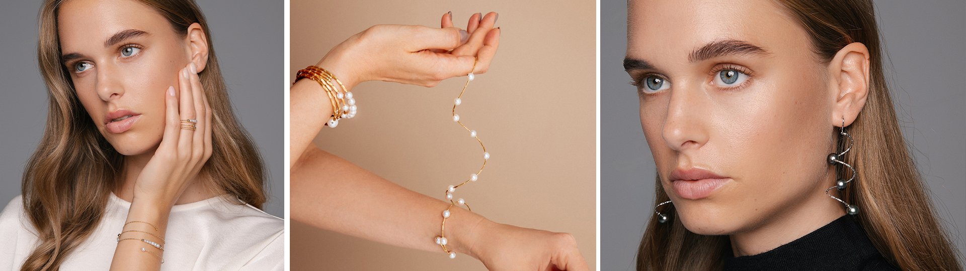 Dreiteiliges Motiv mit Model mit Ringen und Armb&auml;ndern, Armen mit goldfarbenem Perlenschmuck sowie Model mit langen Spiralohrringen aus der WRAPme Kollektion von Yana Nesper.