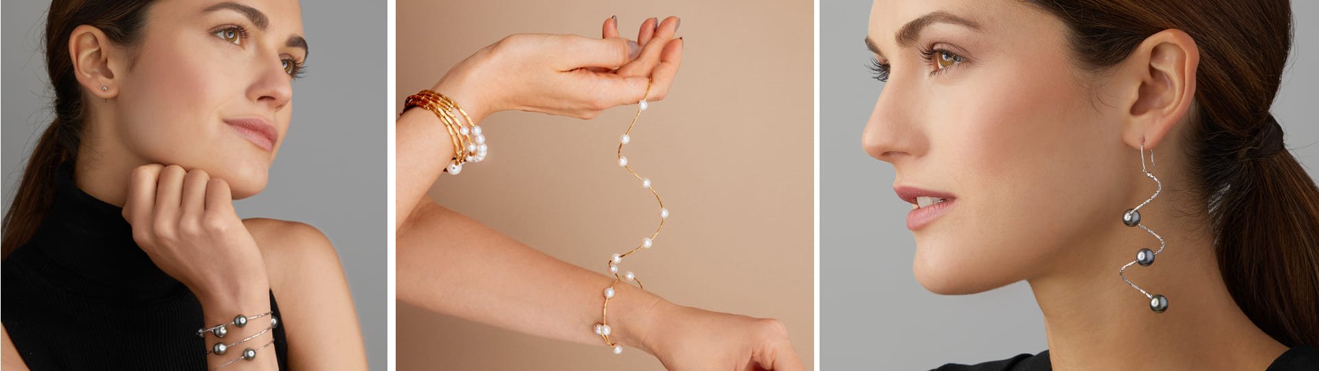 Yana Nesper Schmuck: schwarze und goldene Wickelarmbänder mit Perlen sowie lange Ohrhänger mit dunklen Perlen.