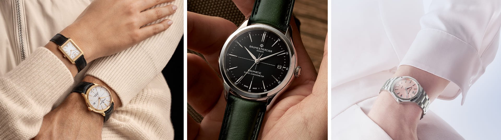 Baume & Mercier Hampton, Classima, Baumatic und Riviera Uhren an Handgelenken, Nahaufnahmen in Collage.