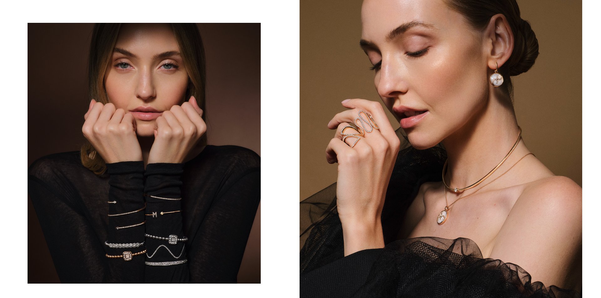 Zwei Frauen tragen Schmuck aus dem Atelier M&uuml;hlbacher: links Armreifen aus Gold und Diamant, rechts Goldringe, Halsketten und Perlmutt-Ohrringe in elegantem Licht.