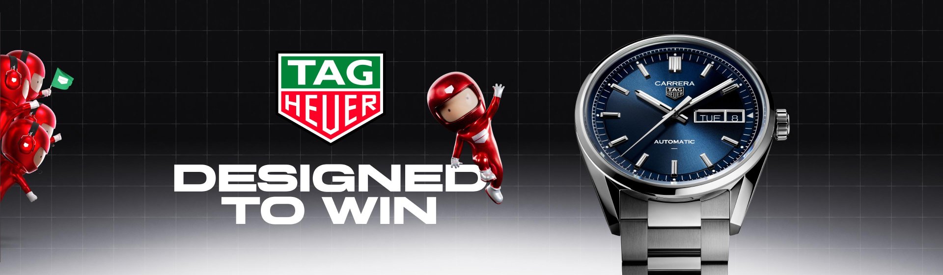 TAG Heuer Carrera Automatikuhr mit blauem Zifferblatt, Tag Heuer Logo und Slogan ‚Designed to Win‘ mit einem Rennfahrernikolaus.