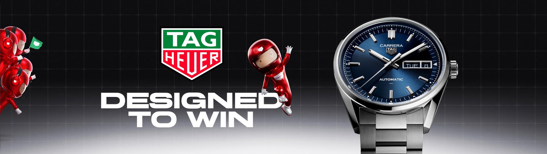 TAG Heuer Carrera Automatikuhr mit blauem Zifferblatt, Tag Heuer Logo und Slogan ‚Designed to Win‘ mit einem Rennfahrernikolaus.