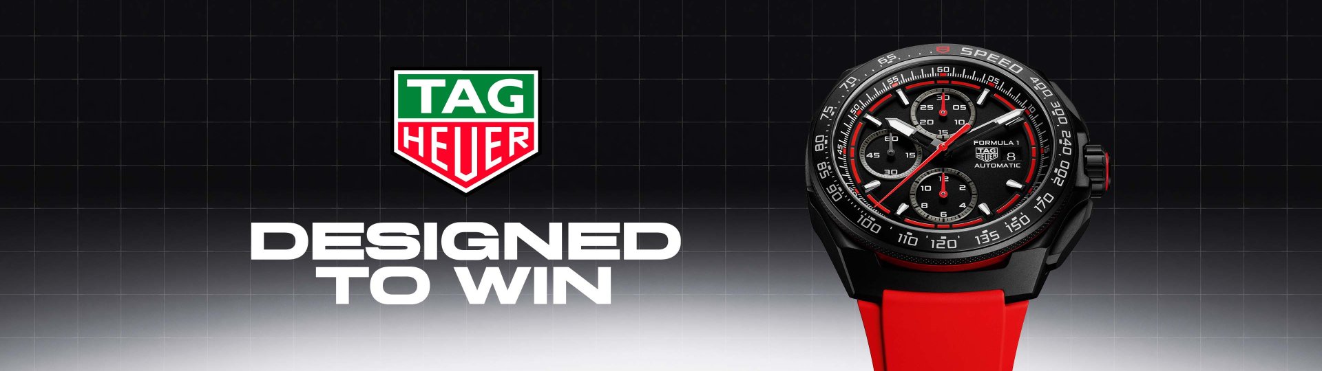 TAG Heuer Logo mit Designed to win Schriftzug, rechts daneben ein TAG Heuer Formula 1 Chronograph mit schwarzem Gehaeuse, schwarzem Zifferblatt und rotem Kautschukband