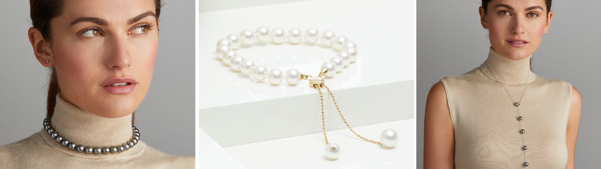 Yana Nesper Schmuck: Modelle mit Tahiti- und Akoyaperlen, getragen als Choker, Y-Kette und Armband mit Schiebemechanismus.