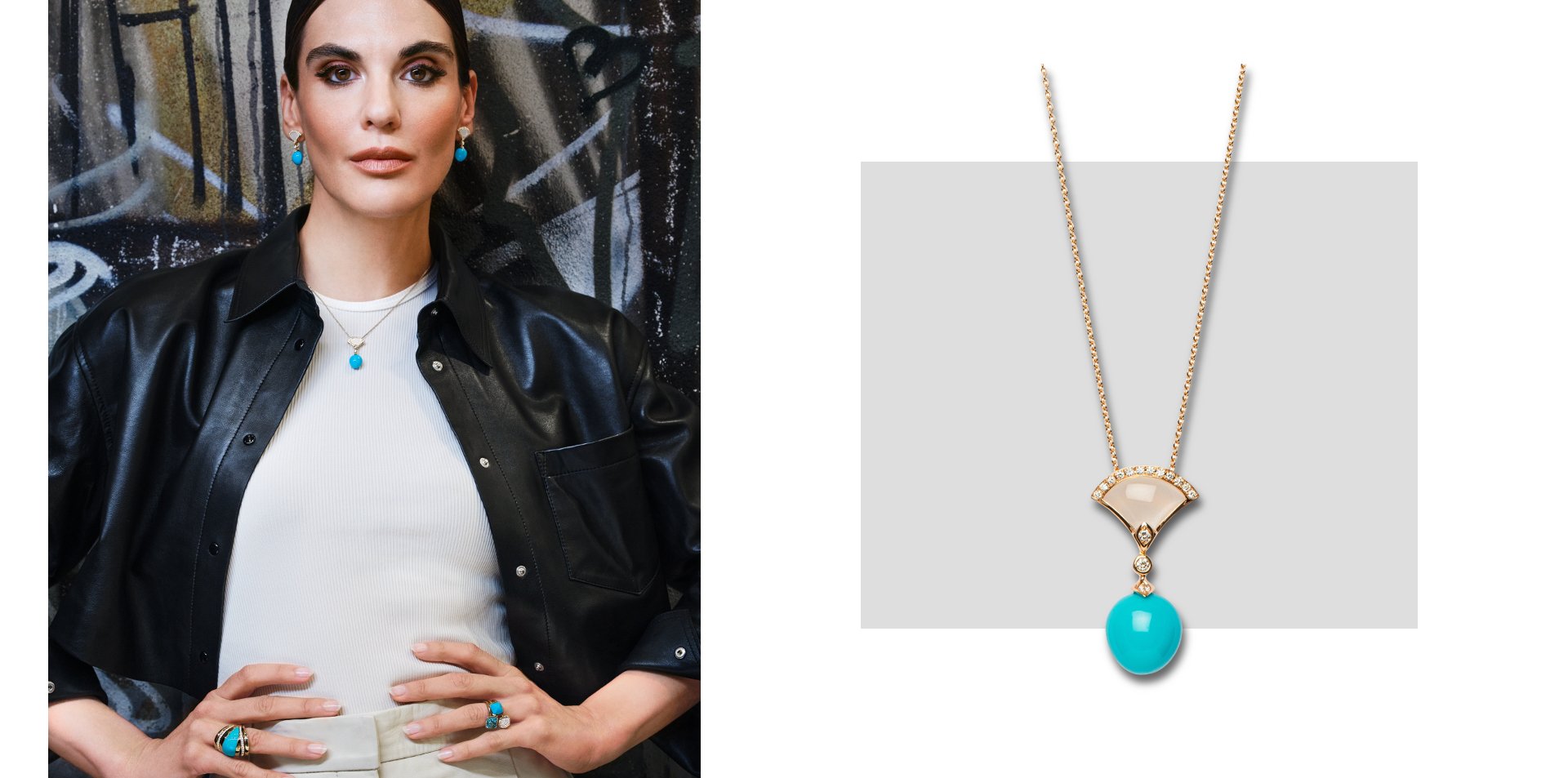 Frau trägt Schmuck aus der Chromatic-Kollektion des Atelier Mühlbacher; daneben eine Nahaufnahme der passenden Halskette in Gold mit Türkis und Diamanten.