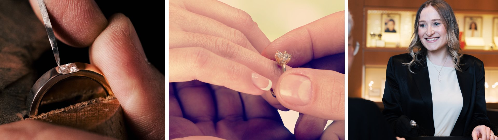 Goldschmied setzt Diamanten in Verlobungsring im Atelier, Antragsszene mit Solit&auml;r und pers&ouml;nliche Verlobungsringberatung bei Juwelier M&uuml;hlbacher in Regensburg