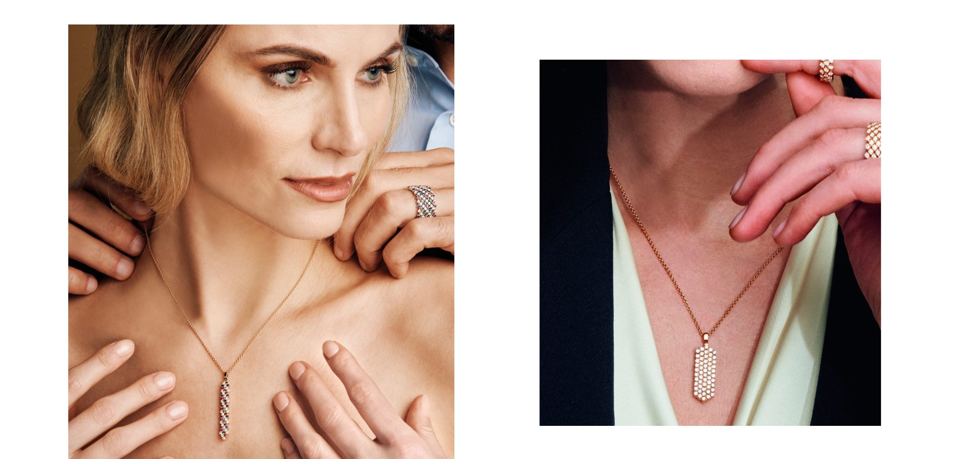 Links Model mit langem Serafino Consoli Anhänger aus Roségold mit bunten Diamanten, rechts Model mit Anhänger aus Roségold mit weißen Diamanten an feiner Goldkette