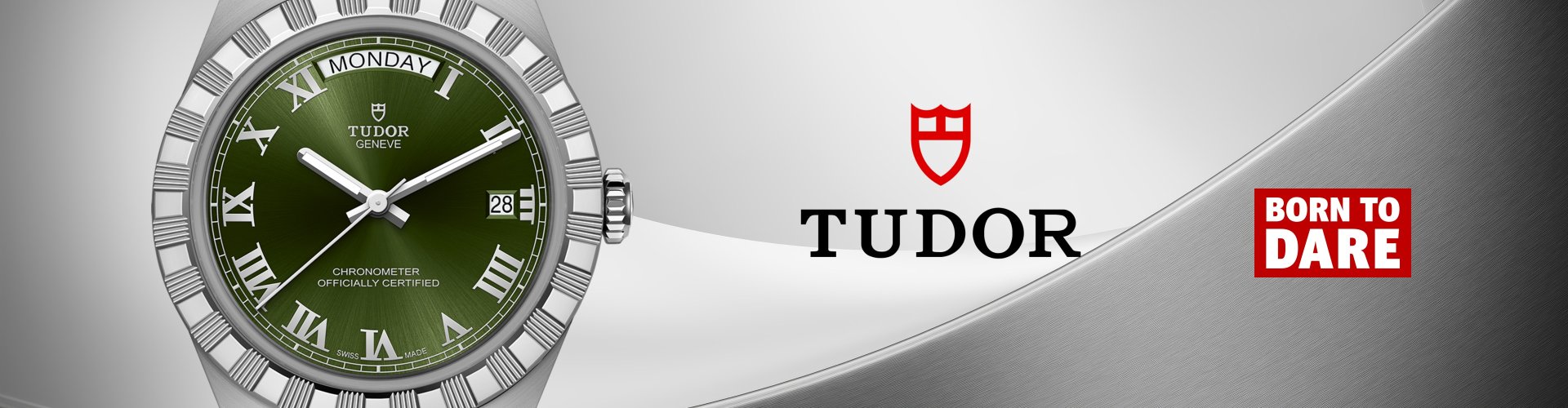 Tudor Royal Armbanduhr aus Edelstahl mit grünem Zifferblatt, römischen Ziffern, Wochentags- und Datumsanzeige sowie „Born to Dare“ Markenbotschaft