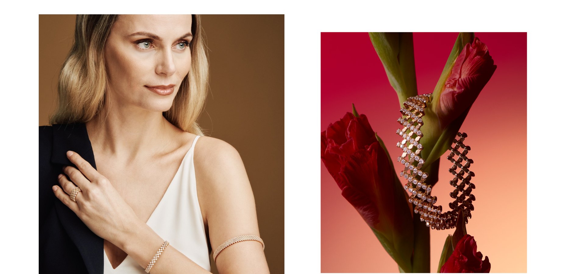 Links Model mit Serafino Consoli Diamantarmband, Multisize Armreif am Oberarm und Diamantring, rechts Serafino Consoli Diamantarmband zwischen roten Blumen