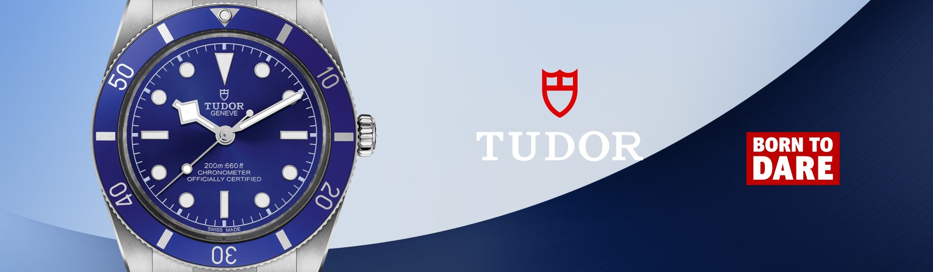Tudor Black Bay 54 Taucheruhr mit blauem Zifferblatt und L&uuml;nette, Edelstahlgeh&auml;use und Kautschukband, &bdquo;Born to Dare&ldquo; Markenbotschaft auf blauem Hintergrund