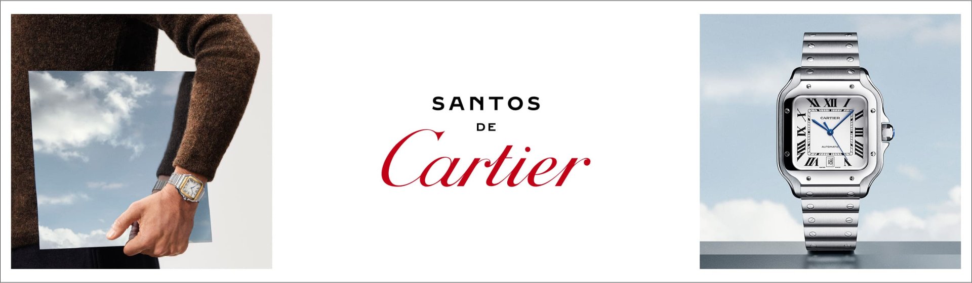 Santos de Cartier in Stahl mit weissem Zifferblatt vor Himmelshintergrund und Santos de Cartier in Stahl und Gelbgold getragen an einem Herrenhandgelenk