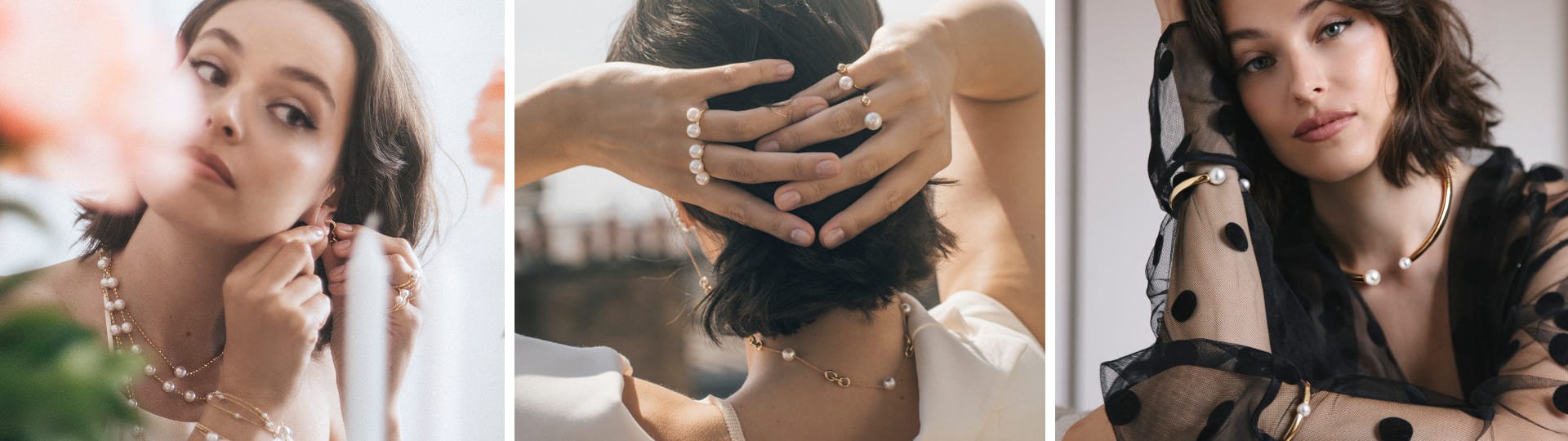 Luxuriöser Yana Nesper Perlschmuck an Modell: feine Perlenketten, edle Armreifen, kunstvolle Perlenringe und stilvolle Ohrringe bei Juwelier Mühlbacher. 