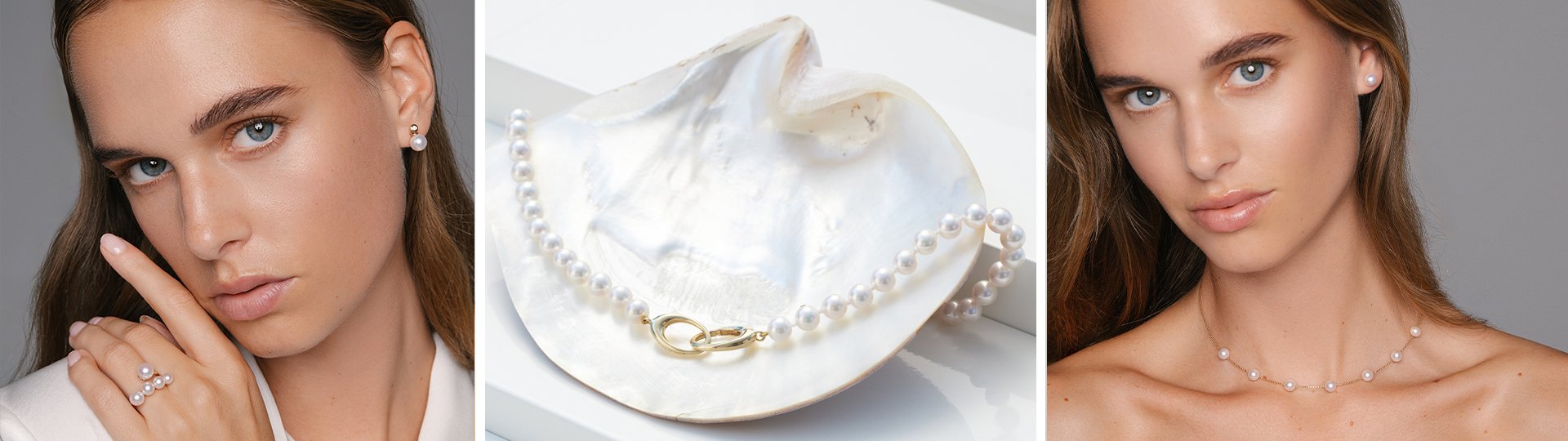 Dreiteiliges Motiv mit einem Model, das Perlenschmuck tr&auml;gt, sowie einer Perlenkette auf einer gro&szlig;en Perlmuttmuschel aus der New Basics Kollektion von Yana Nesper.