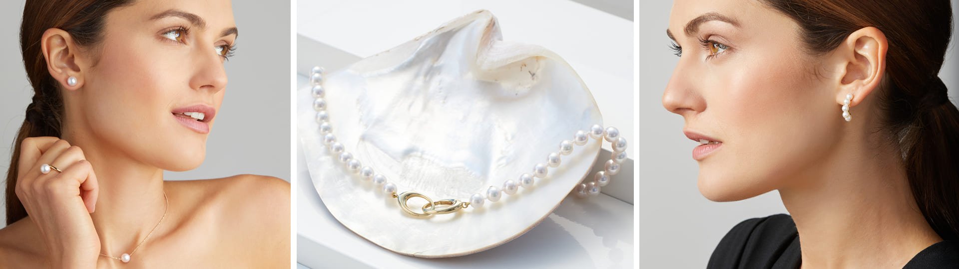 Yana Nesper Perlenschmuck: Modell mit klassischem Perlenohrstecker, Ring und feiner Kette; Perlenkette auf Muschelschale; Frau mit Perlencreole.