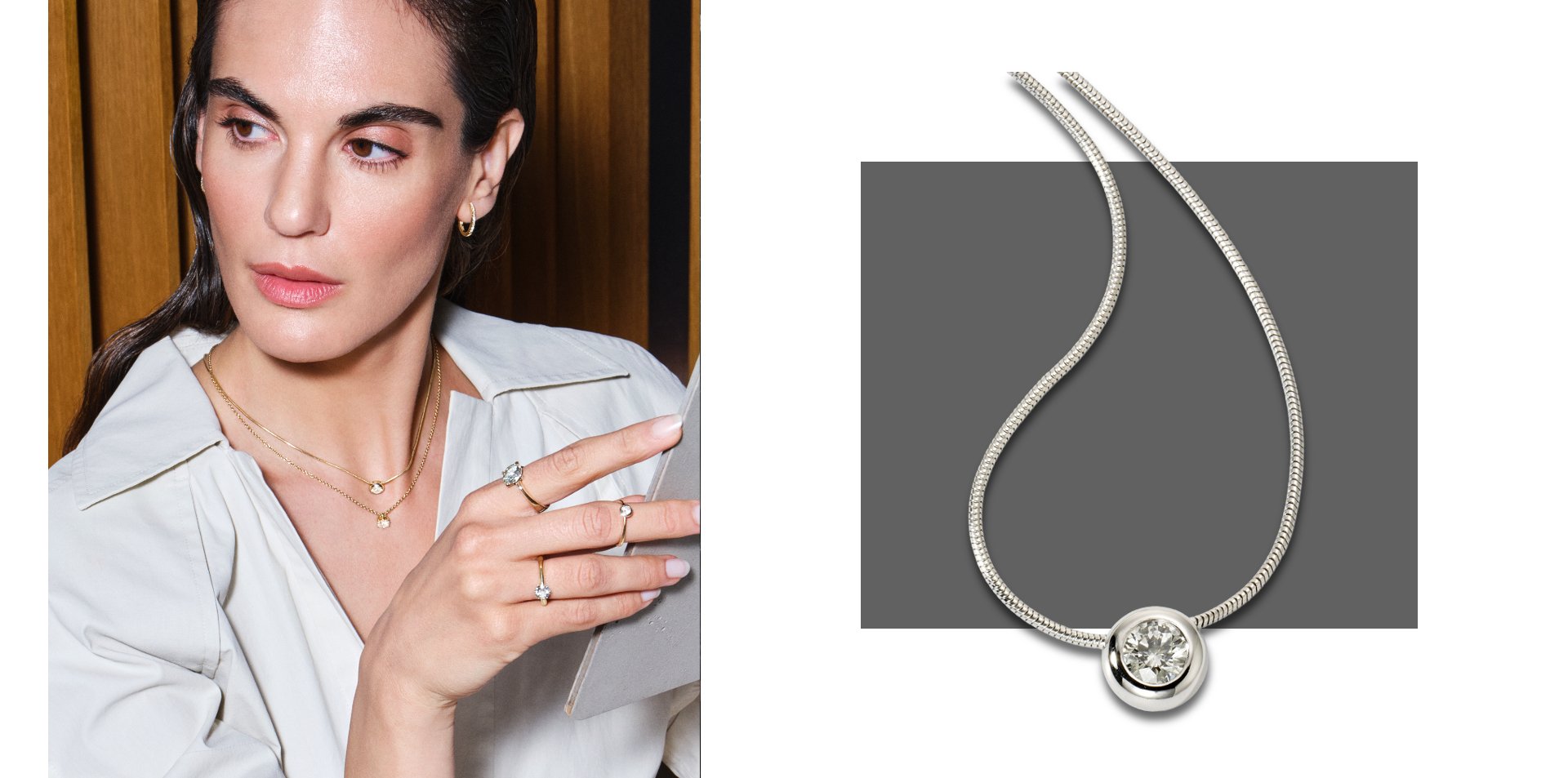 Frau trägt feine Goldringe und Halsketten mit Diamanten aus der One-Kollektion des Atelier Mühlbacher; daneben eine Nahaufnahme einer Halskette mit Solitär-Diamant in Weißgoldfassung.