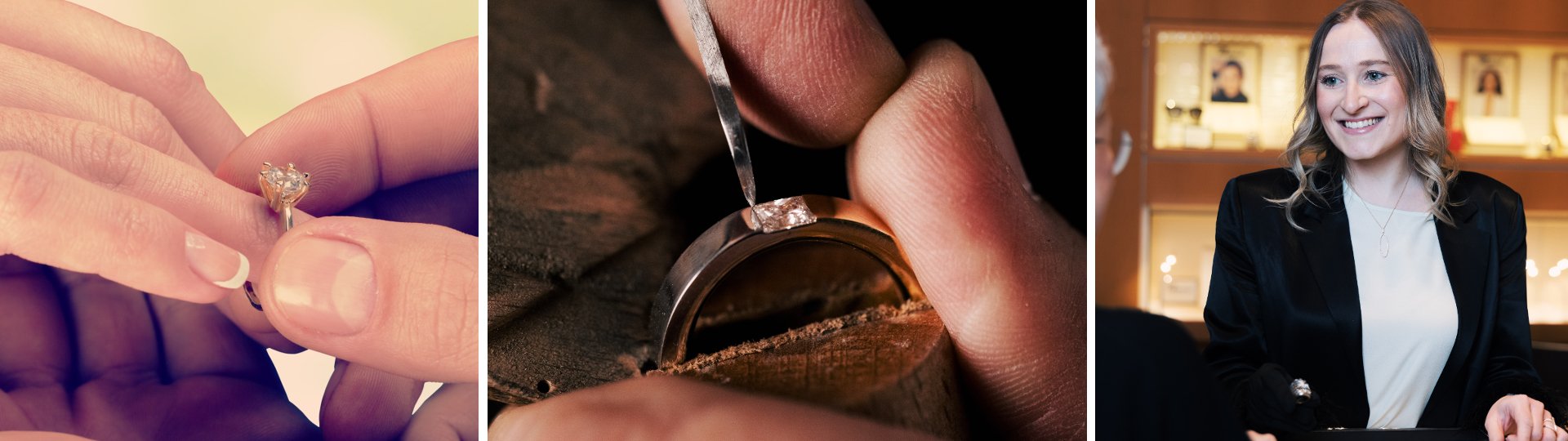 Goldschmied im Mühlbacher Meisteratelier setzt einen Diamanten in einen individuell gefertigten Verlobungsring – persönliche Beratung in Regensburg