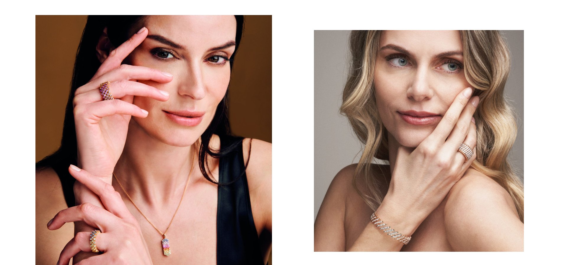 Frau mit Serafino Consoli Diamantring, daneben Modell mit elegantem Diamantarmband aus Gold