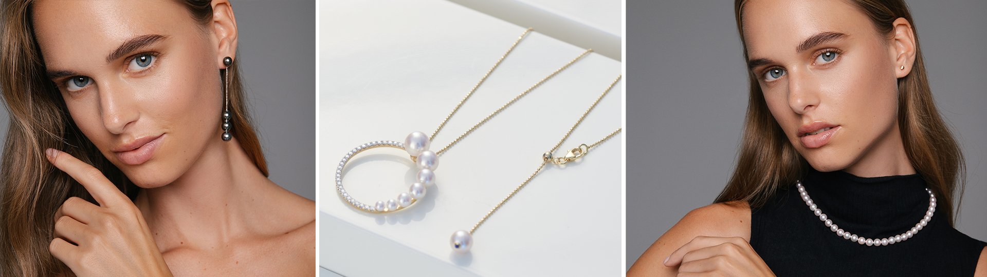 Dreiteiliges Motiv mit einem Model, das Perlenschmuck tr&auml;gt, sowie einer filigranen Goldkette mit Perlenanh&auml;nger aus der Appassionata Kollektion von Yana Nesper.