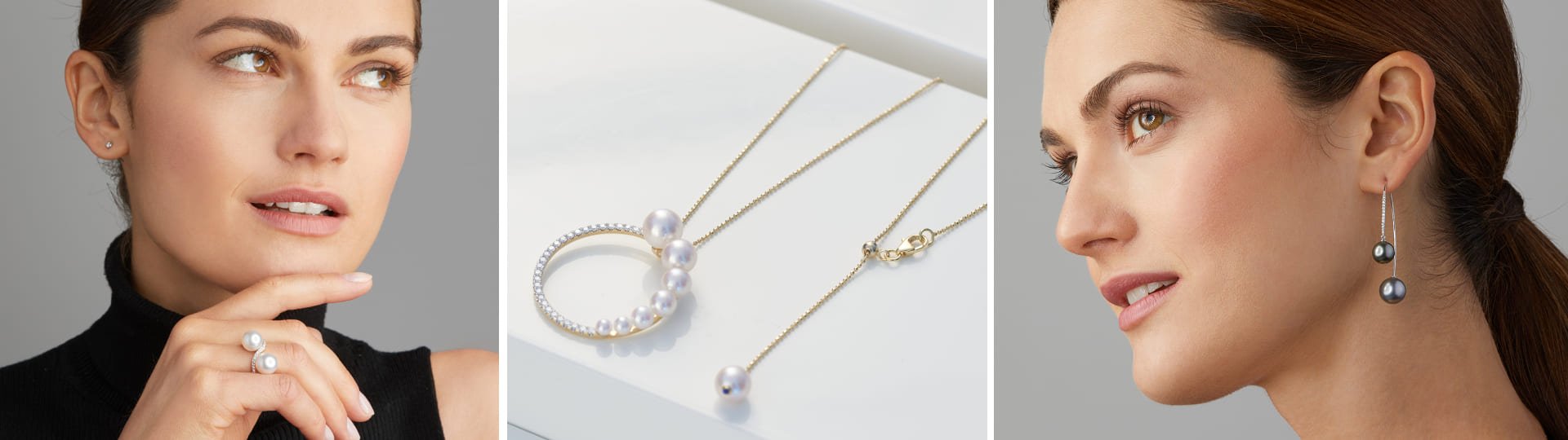 Zwei Frauen mit Yana Nesper Perlenschmuck: Ring, Ohrringe und mittig Kette mit Anhänger auf weißem Hintergrund.