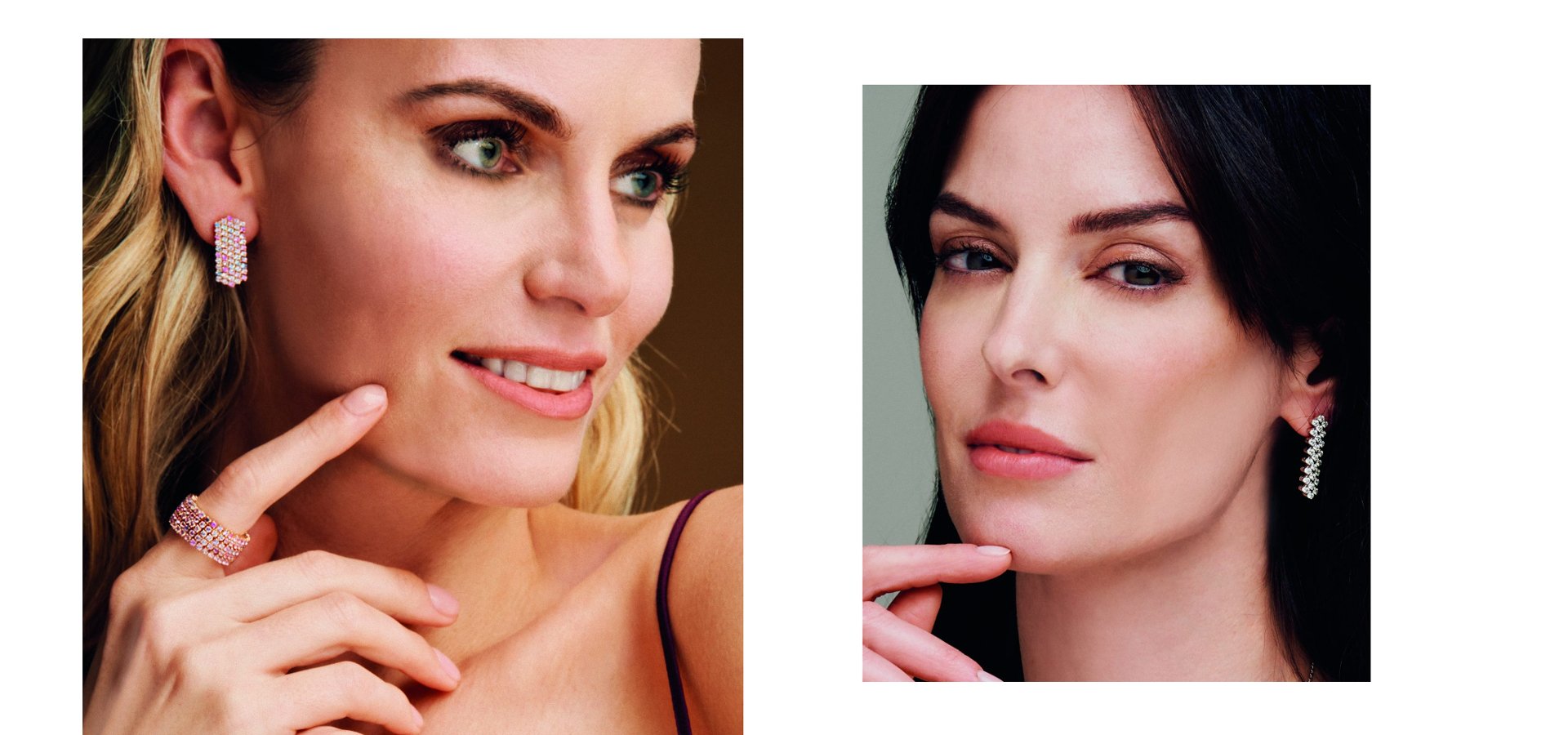 Links Model mit Serafino Consoli Ohrringen mit rosa Diamanten und Multicolor Diamantring, rechts Model mit Serafino Consoli Ohrringen mit weißen Diamanten