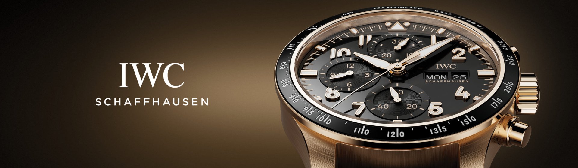 Rechts IWC Pilots Watch in Gold mit schwarzer Luenette und Zifferblatt, links IWC Logo, beides vor gold-schwarzem Hintergrund