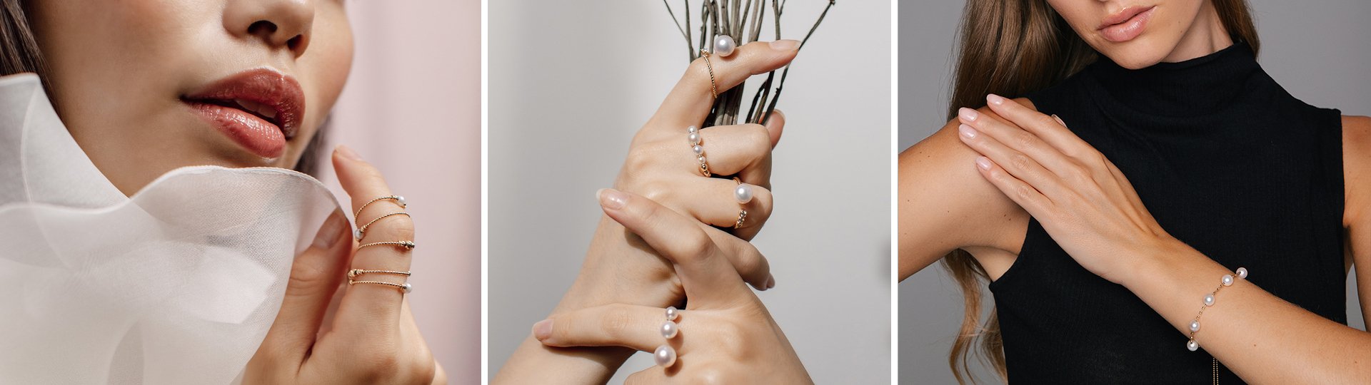 Dreiteiliges Motiv mit Nahaufnahmen eines Models, das filigrane Ringe und ein Armband mit weißen Perlen aus der Charmant Kollektion von Yana Nesper trägt.