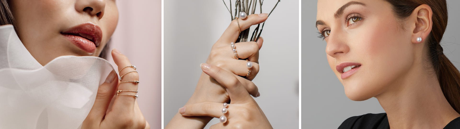 Drei Ansichten von Yana Nesper Perlenschmuck: feine Goldringe mit Perlen und klassische Perlenohrstecker.