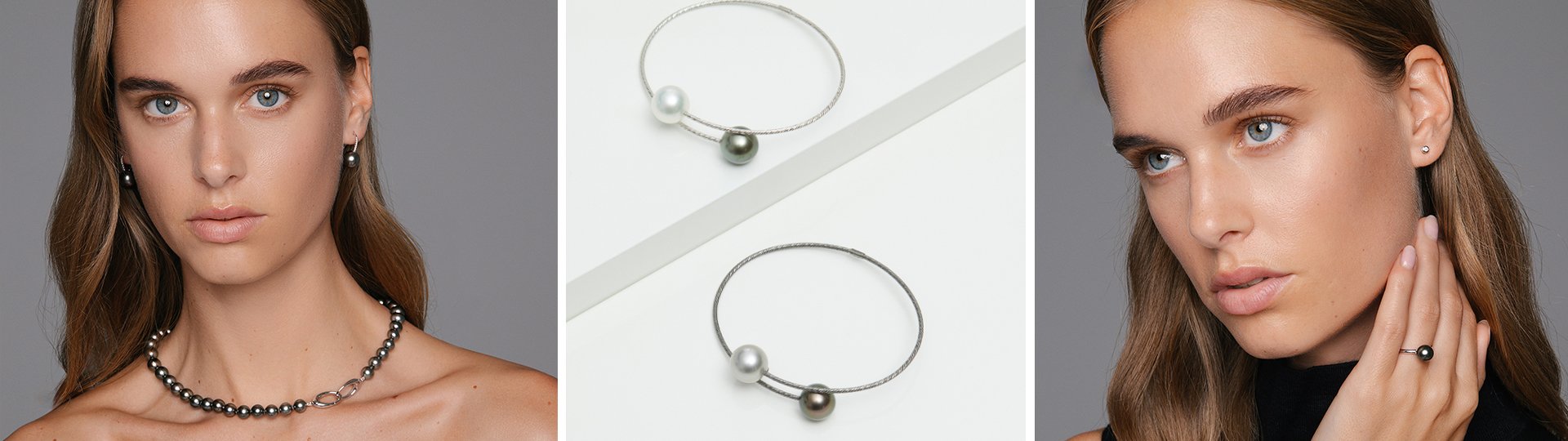 Model mit dunkler Perlenkette und Perlenohrringen, zwei Halsreifen mit weißen und dunklen Perlen sowie Model mit Perlenring aus der Urban Nights Kollektion von Yana Nesper.